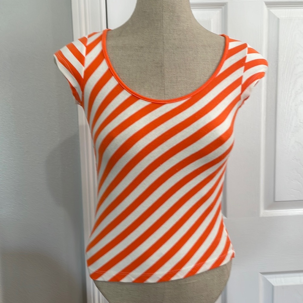 Y2K Fame striped top cap sleeve crisscross back orange white women size medium M